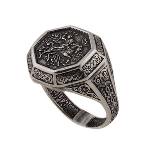 Saint George ring silver, Saint George slaying the dragon religious ring for men sterling silver 925 ,Sterling silver 925 men’s Ring “Saint George slaying the dragon” is handmade vintage religious jewelry with unique design, and amazing artwork. St. George ring is stamped 925 and it will suit with every men's style Check out other best handcrafted, sterling silver men's jewelry at silverslegends.com
