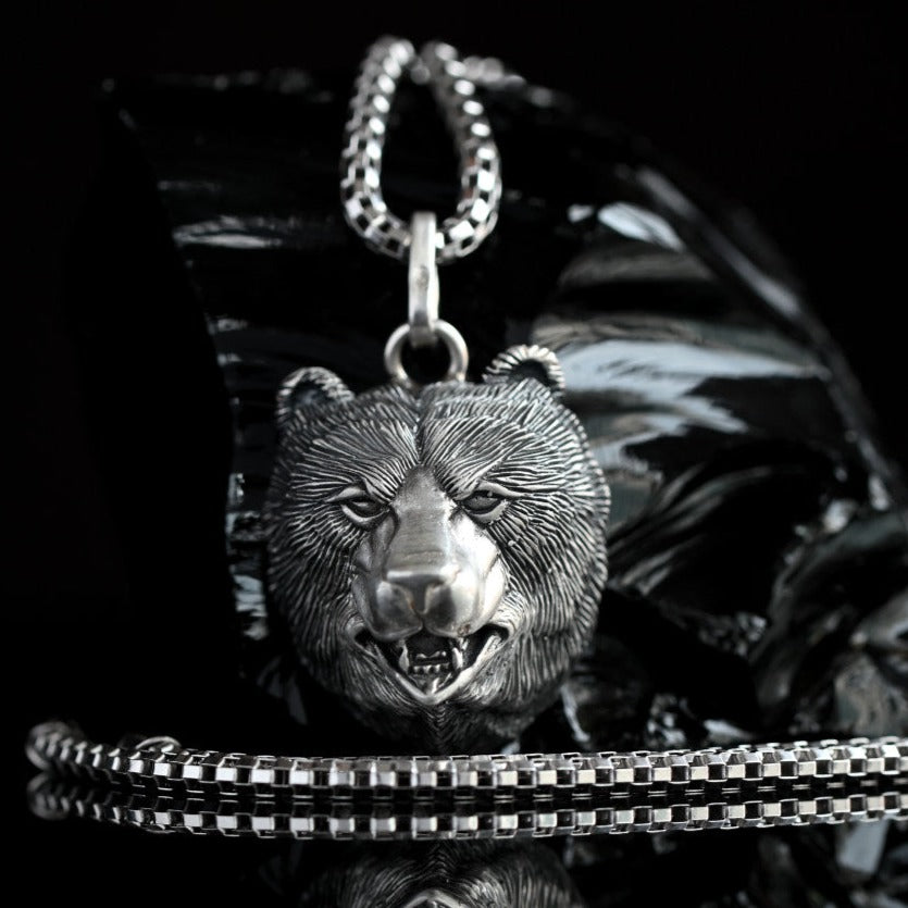 ◇BLACKPURPLE◇ Happy Bear Necklace Silver 925 Sterling Silver Panda Bear Necklace Pendant Black