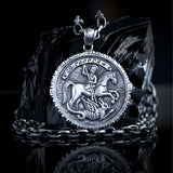Sterling silver 925 men's pendant Saint George and the Serpent with a prayer is handmade religious jewelry and you can have it with silver chain necklace. Silver medallion St. George slaying the dragon is an amulet and a symbol of protection and it will suit with every men's style, St George locket is a perfect gift for him. Check out other best handcrafted Sterling silver Men's Jewelry at silverslegends.com