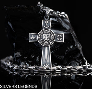 Silver oxidized cross pendant "Knights Templar Signum Militie" handmade,  Unique Knights Templar Cross Pendant, Templar pendant with sword, Crusader pendant with silver rope chain, Masonic pendant, Templar seal